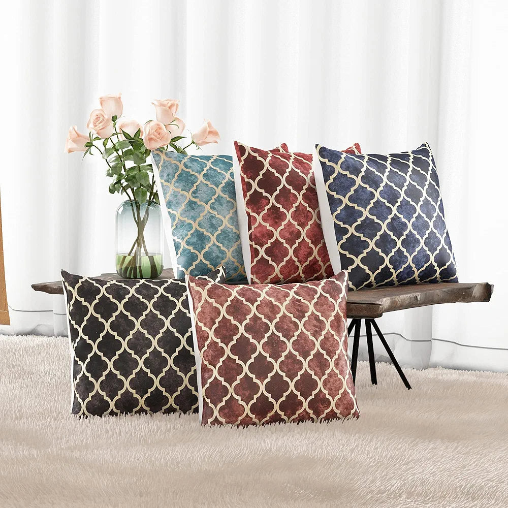 Cloth Fusion 100 TC Velvet Sofa Cushion Cover Set of 5 Decorative HD Gold Foil Cushion Cover