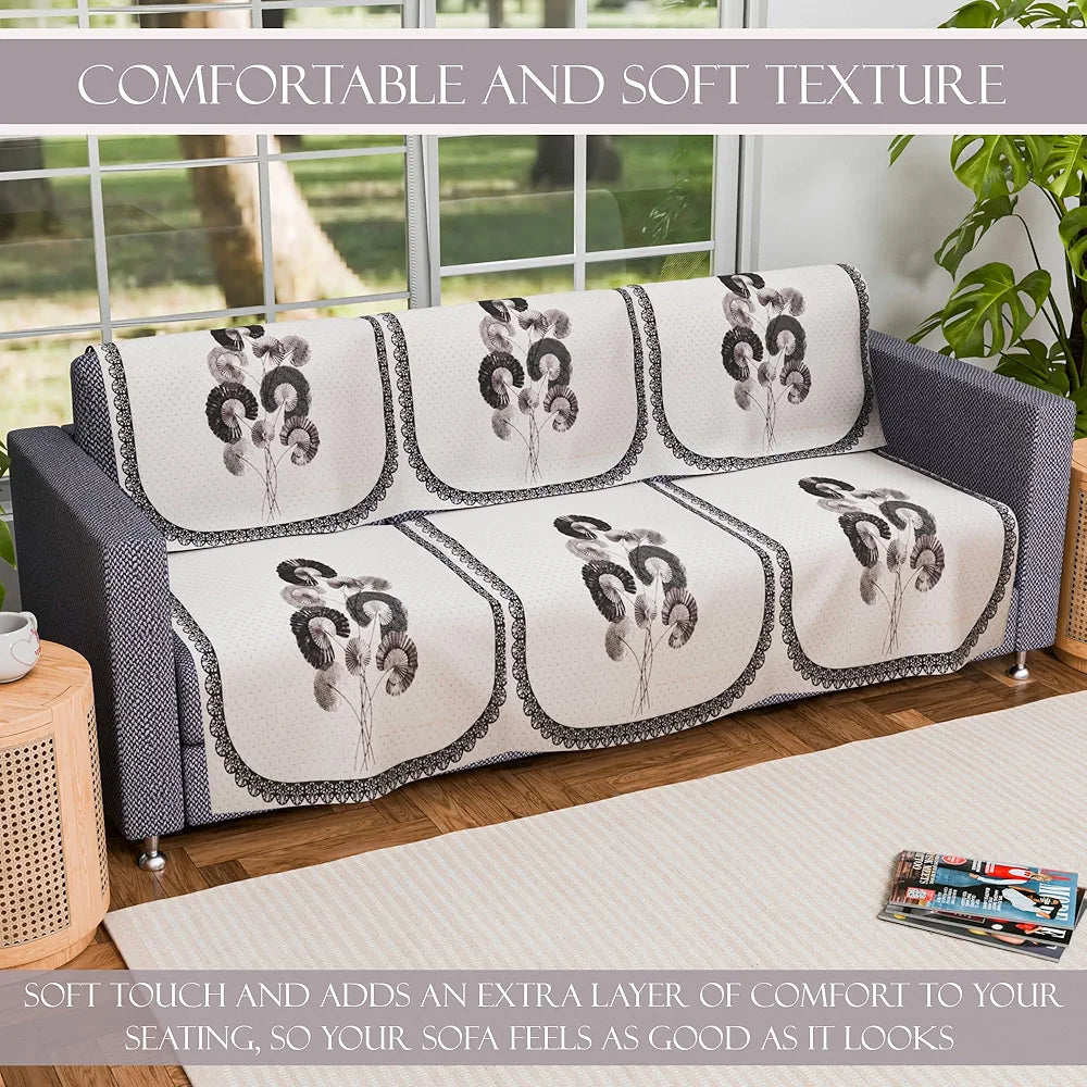 Kuber Industries Set of 6 Velvet 3 Seater Sofa Covers for Living Room Digital Flower-Cream & Green