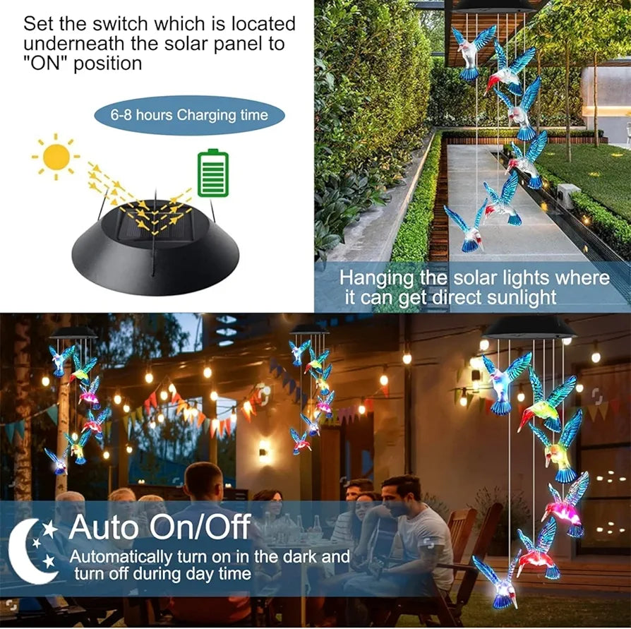 Taiga Humming Bird Solar Power Wind Chimes Color Changing Hanging Led Lights Multi Color