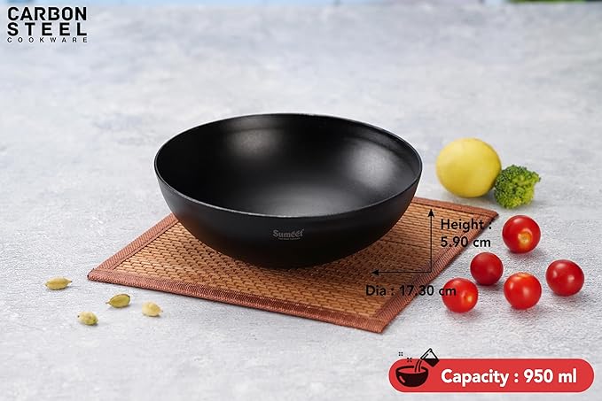 Sumeet Super Smooth Pre Seasoned Carbon Steel (Iron) Deep Tasra 17.3cm 950 ml