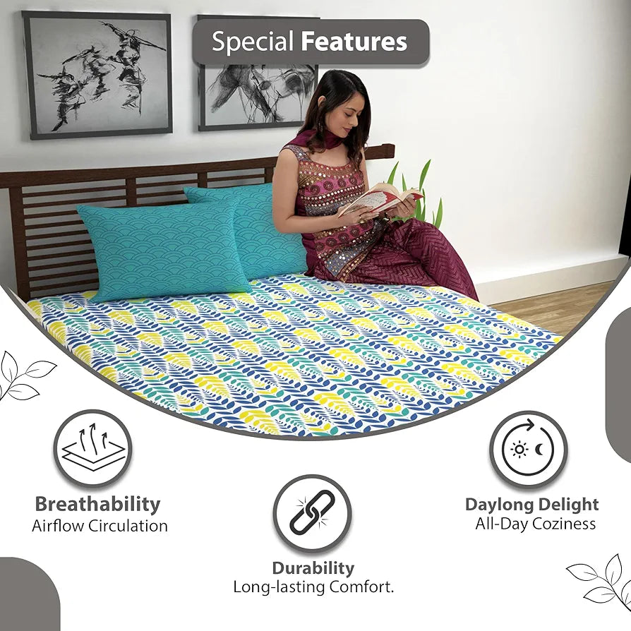 Divine Casa 144 TC Super Soft Cotton Bedsheet for Double Bed  144 Thread Count - Floral Colour Blue & Yellow