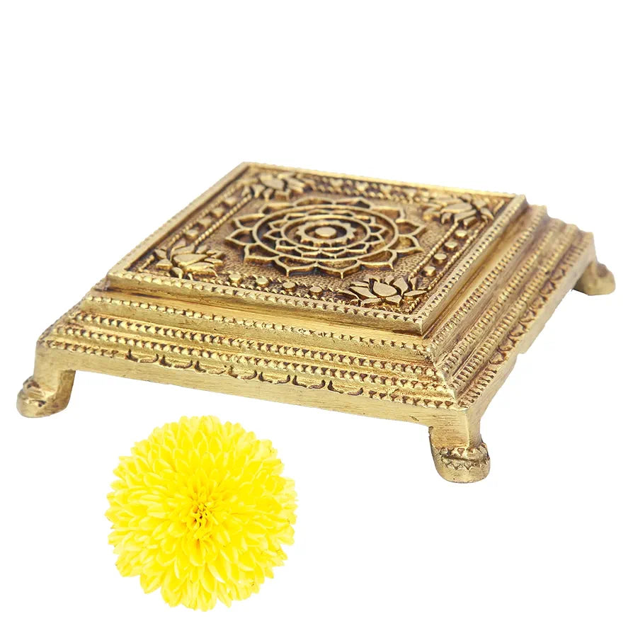 anciently Brass Pooja Chowki Square with Lotus Design | Sqaure Brass Chowki for Puja, Brass, Gold Colour, 1 Piece 