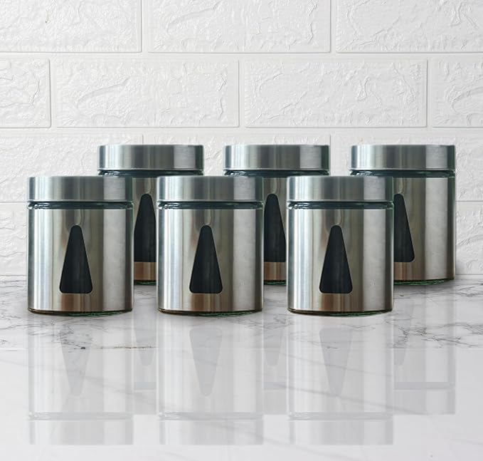 Femora Kitchen Storage Jars Steel Finish With See Through Window Jar | 700 Ml | Pack of 6 | Silver