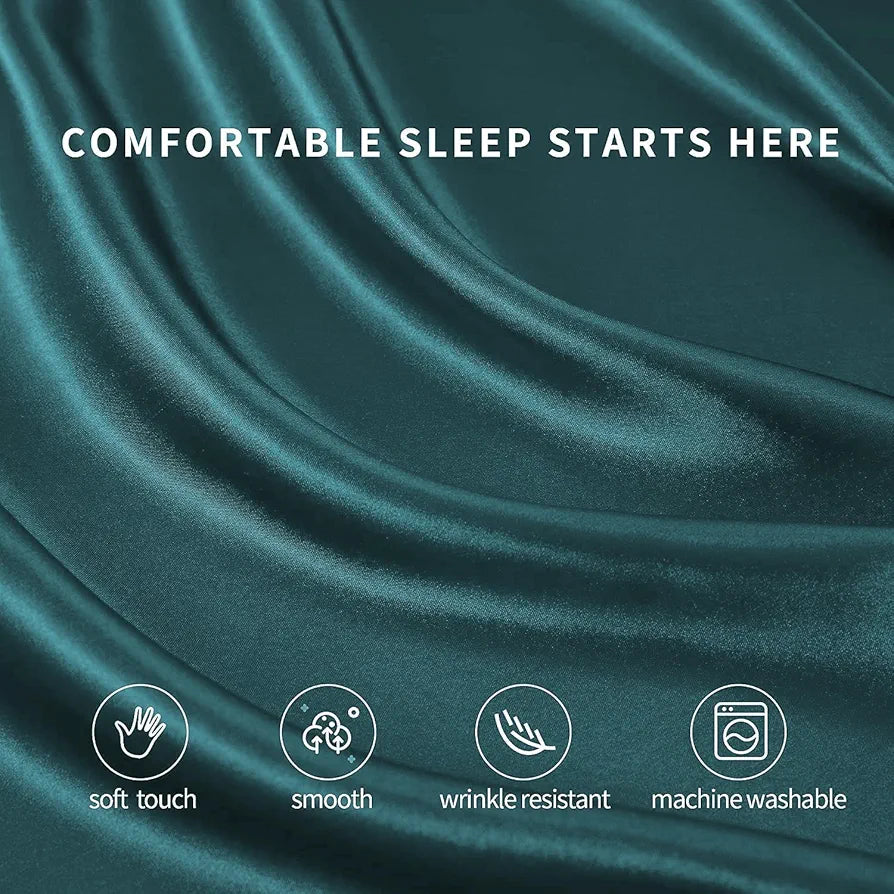 Cloth Fusion Satin Bedsheet for Queen Size Bed Set of 1 & 2 Pillow Covers Peacock Green