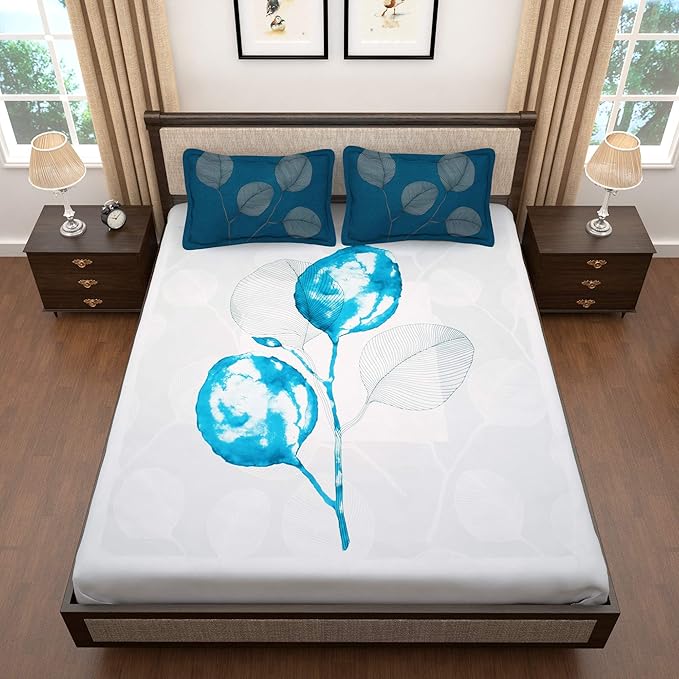 Story@Home Cotton Abstract Print Tevel King Size Bedsheet with 2 Pillow Covers White & Blue Colour
