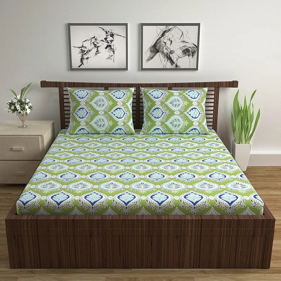 Divine Casa Double Size Bedsheet for Double Bed, 144 TC Pure Cotton Queen Size with 2 Pillow Covers Colour Palm Green