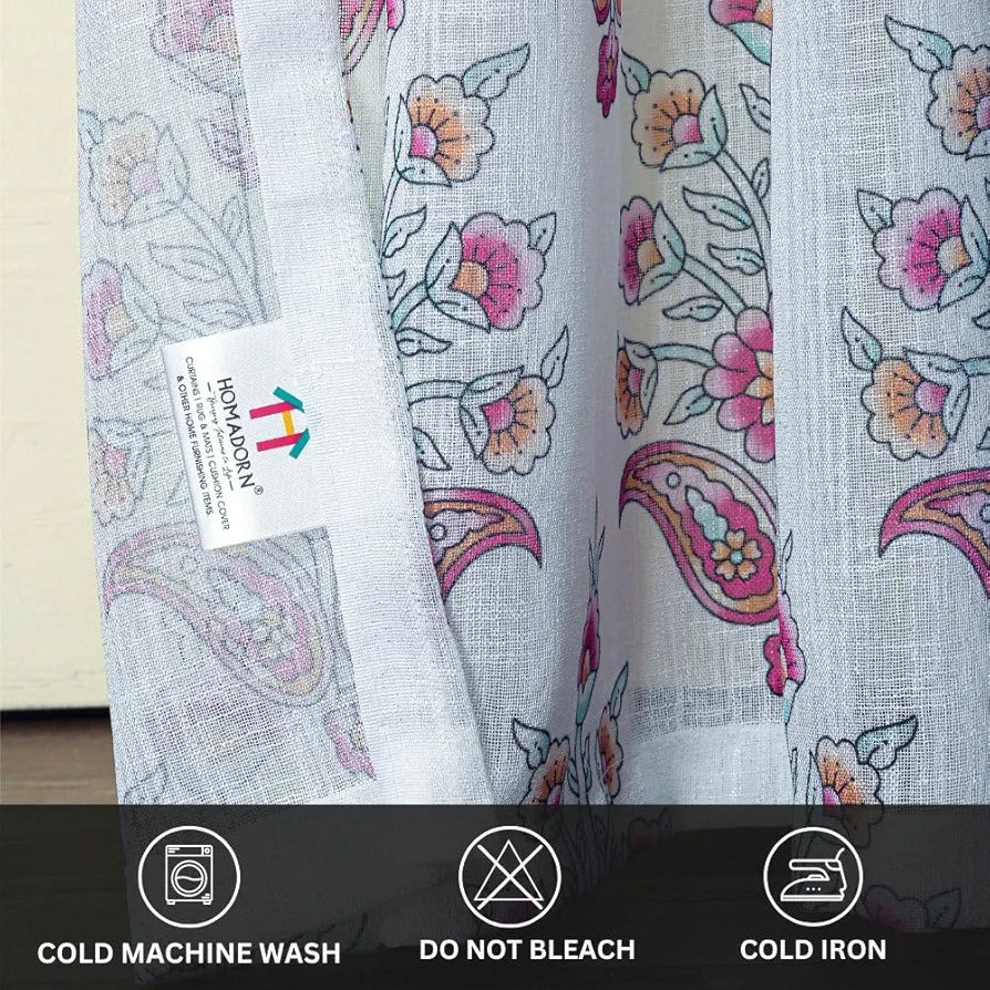 Homadorn Linen Sheer Printed Semi Transparent Curtains for Window Set of 2 Fuchsia fusion
