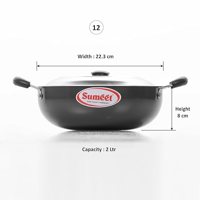 Sumeet 3Mm Hardanodised Deep Kadhai With S.S. Lid. No 12 22.3Cm 2 Ltr Black