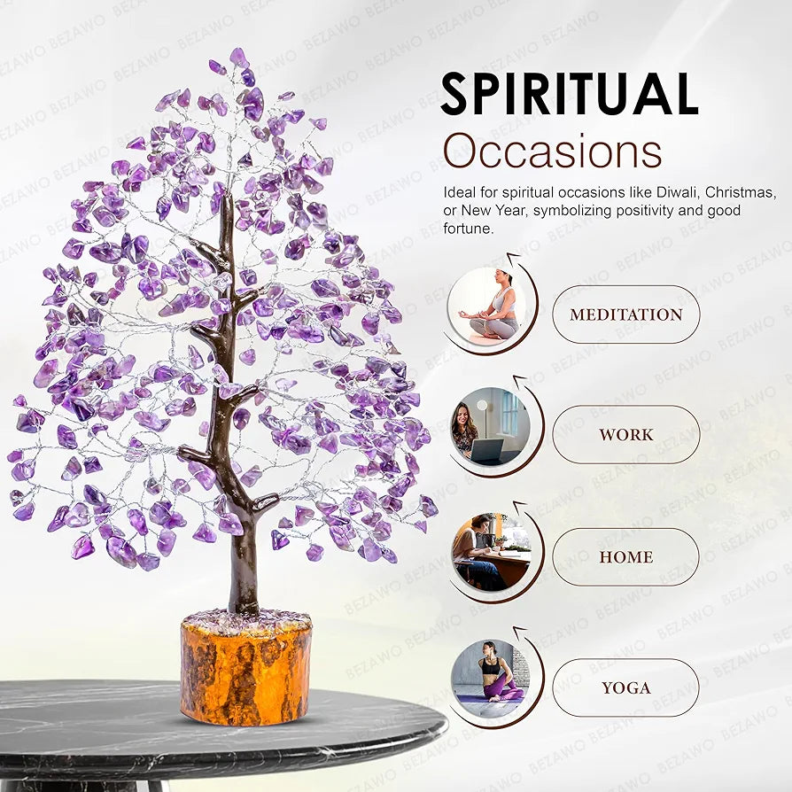 Bezavo Amethyst Gemstone Crystal Tree – Good Luck Showpiece for Home Decor Bonsai Money Tree for Prosperity & Decoration – 10-12 Inch