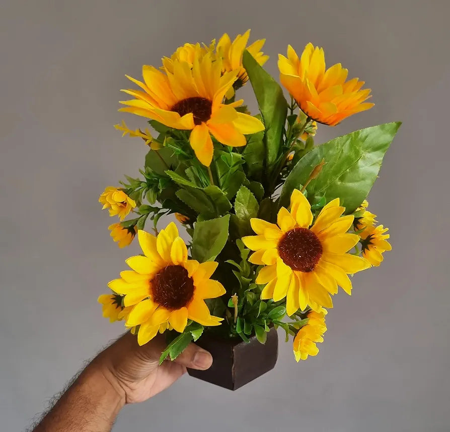 Wooden Pot with Multi-Design Dry Artificial Flowers Yellow