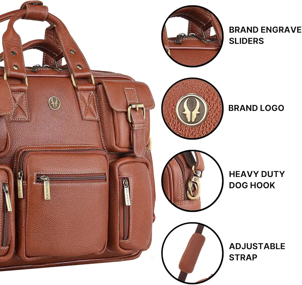 WildHorn Leather Laptop Bag for Men/Office Bag for Men | Fits Upto 15.6 Inch Laptop/MacBook | Laptop Messenger Bag/Leather Bag for Men I Dimension : L-16 inch W-4 inch H-13 inch