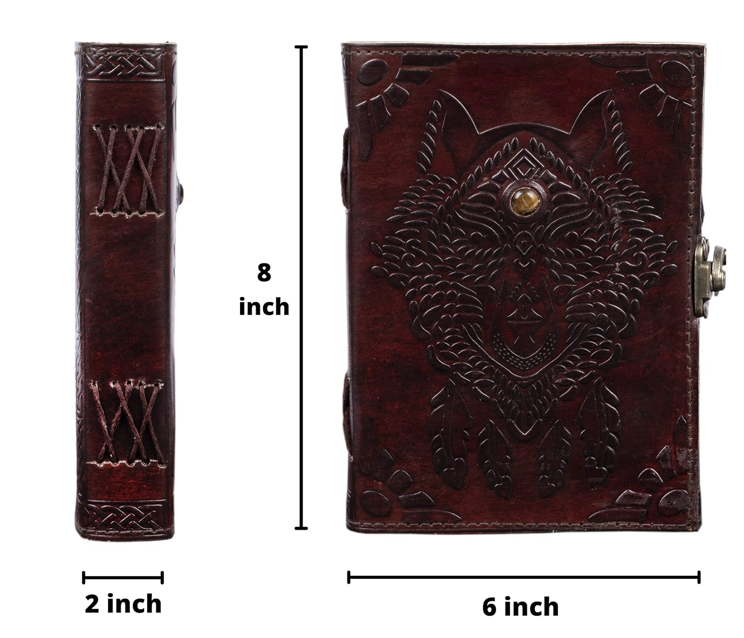 CraftShades- Handmade Leather Diary Embossed with star, journey & double wolf Diary with Antique Lock for Artist Sketchbook, Scrapbook, Drawing, Writing etc .Size 5 * 7 inch (WOLF WITH STONE)