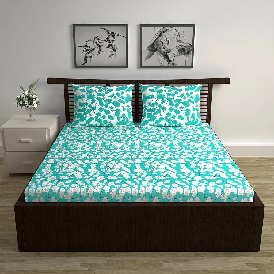 Divine Casa 144 TC Super Soft Cotton Bedsheet for Double Bed  144 Thread Count - Floral Colour Teal & White