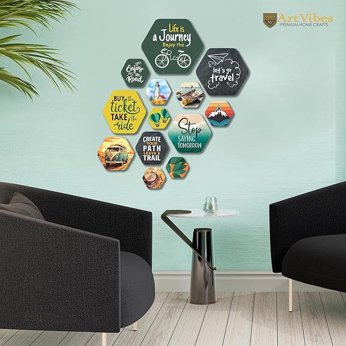 Artvibes Decorative Modern Wooden Wall Hanging Decoration for Home | Quotes Decor Item | Pack of 13 Pieces