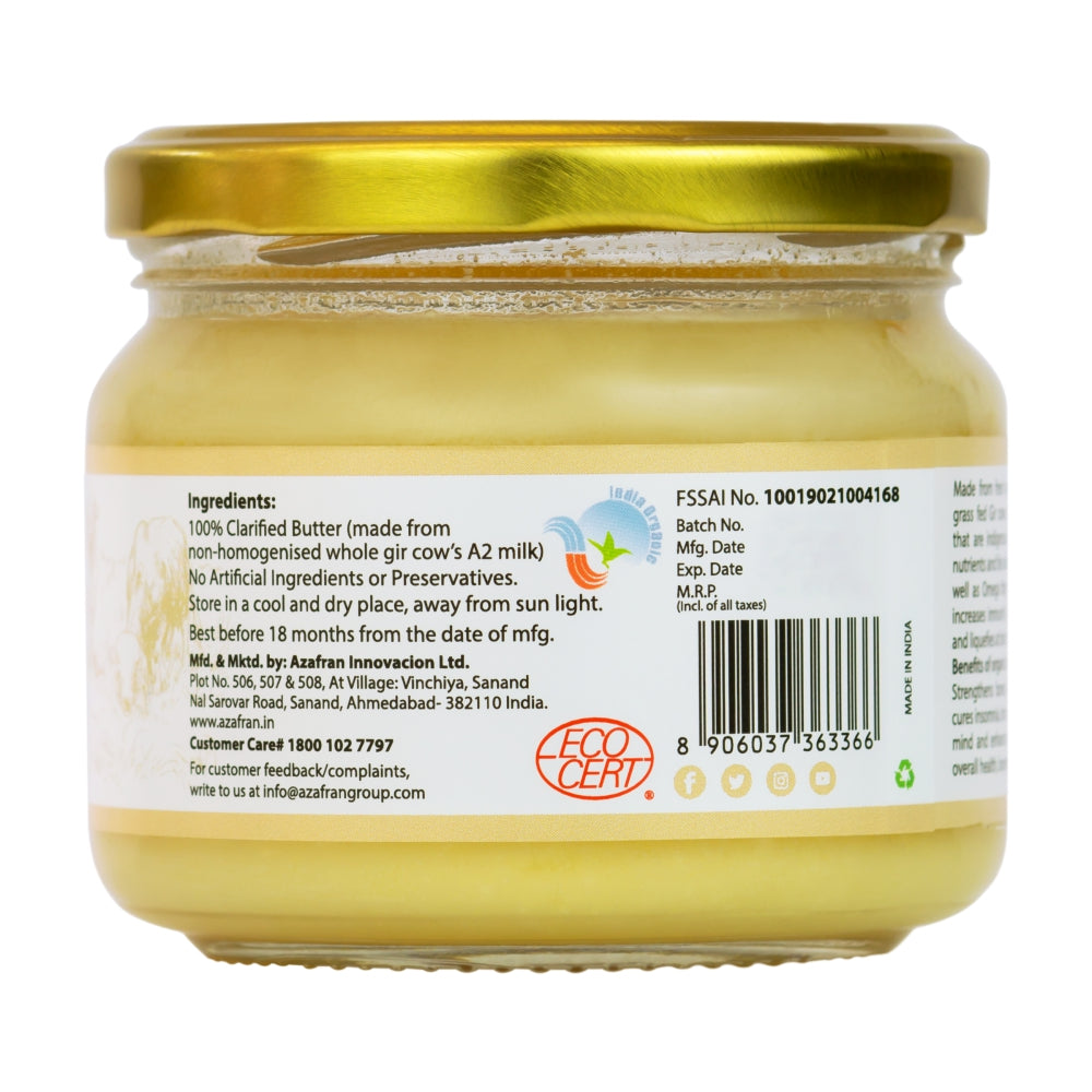 Azafran Grass Fed Gir Cow's Organic A2 Ghee - 275 ml