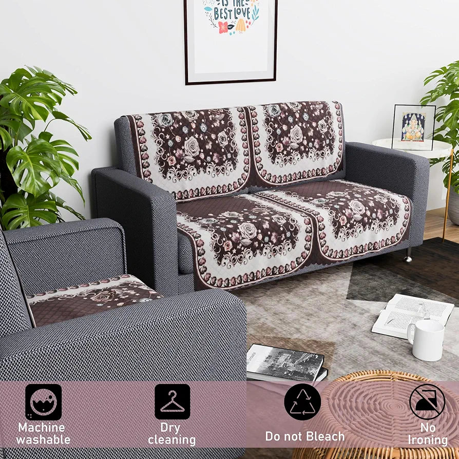 Kuber Industries Set of 6 Durable 2+1 Seater Sofa Covers Gulab White Brown