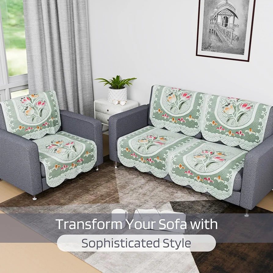 Kuber Industries Sofa Cover Net 2+1 Seater Sofa Slip Cover Set Tulip Printed Green