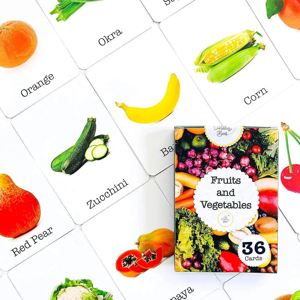 The Curious Bees - Fruits and Vegetables Flash Cards | 36 Laminated Cards for Kids | Age Group: 1-4 Years | Fun Early Educating Activity for Kids