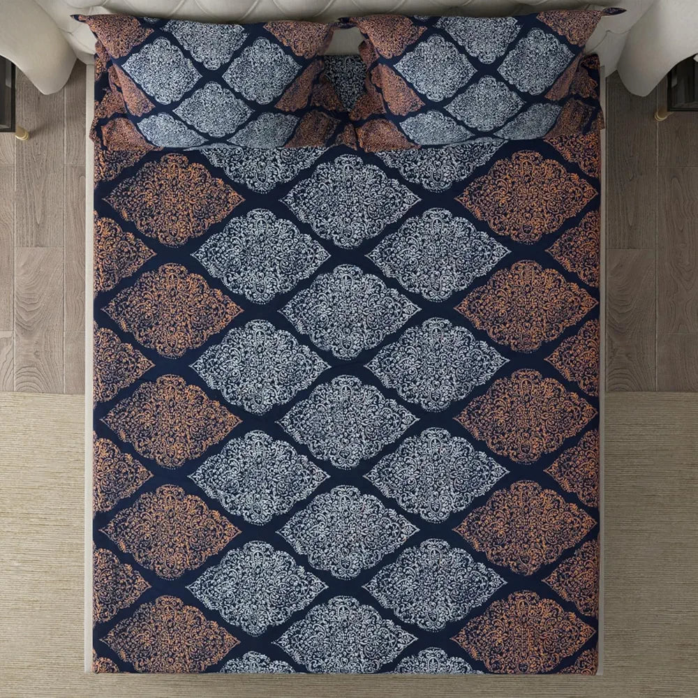 Cloth Fusion Elastic Fitted Queen Size Bed Sheet with 2 Pillow Covers Midnight Paisley Colour