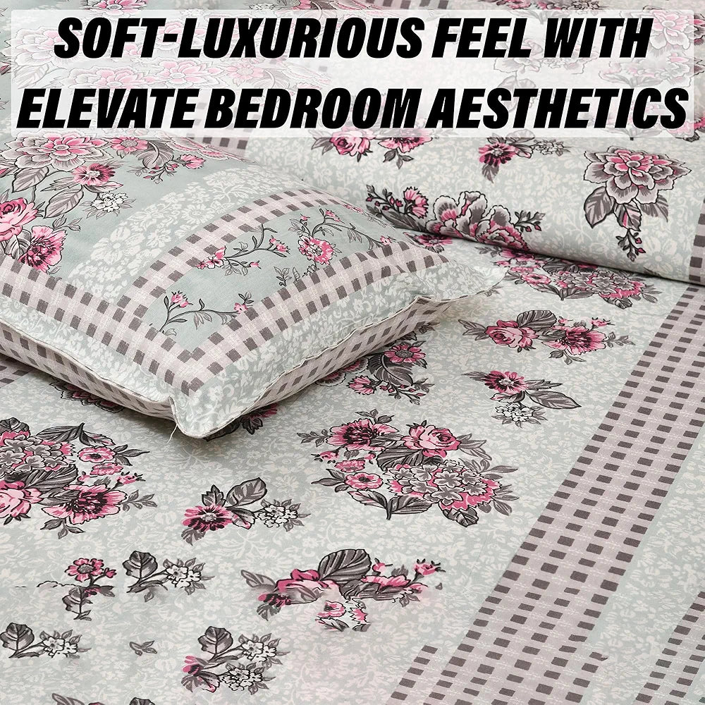 Kuber Industries Double Bedsheet with 2 Pillow Covers 160 TC Premium Cotton Spain Flower Lining Green
