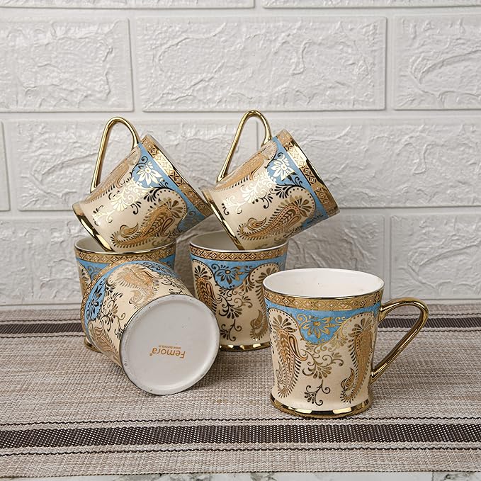 Femora Golden Leaf Tea Mugs, Ceramic Tea Cups, Coffee Mugs | 180 Ml | Golden | 6 Pcs Set | Not Microwave Safe