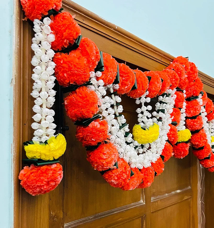 Artificial Marigold Fluffy Flowers Garlands Door Toran Set/Door Hangings Dark Orange with Jasmine and leaves