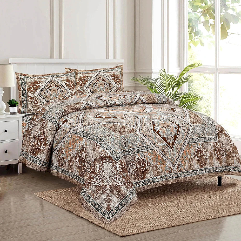 Kuber Industries Double Bedsheet with 2 Pillow Covers 186 TC Premium Cotton Arabic Beauty Flower Square Brown