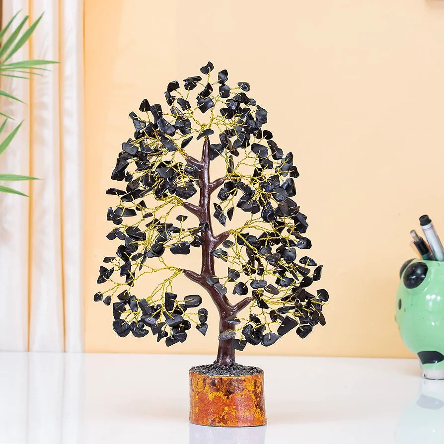 Hindcraft Black Tourmaline Crystal Tree Golden Wire 10-12 inch