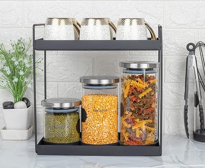 Femora Storage Jars Borosilicate Glass With Silicon Bottom Air Tight Jar With Steel Lid | 1300 Ml | Pack of 2