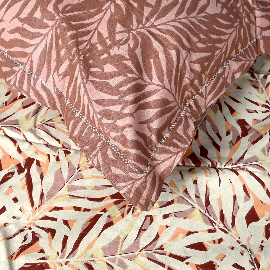 Divine Casa 144 TC 100% Cotton Double Bedsheet with 2 Pillow Covers Tropical Leaf Colour Cream Brown