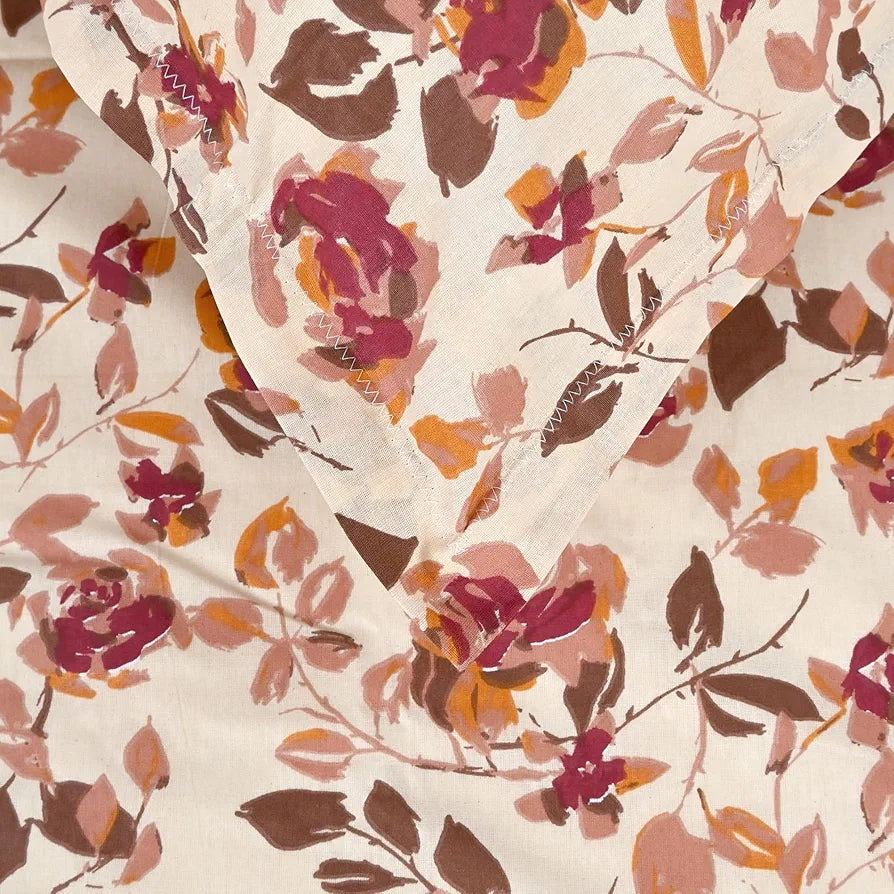 Divine Casa 144 TC Pure Cotton Double Bed Bedsheet with 2 Pillow Covers Rosy Floral Colour Sunset Red