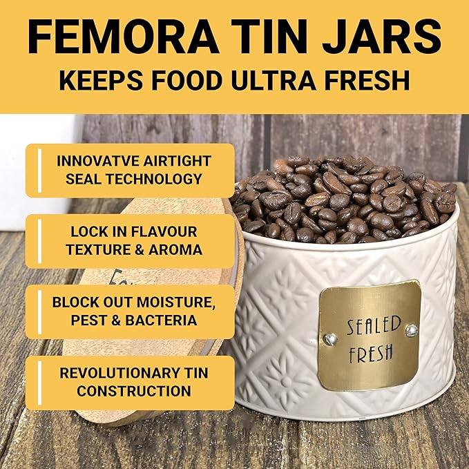 Femora Kitchen Storage Jars Tin Jar With Wooden Lid Air Tight Jar | 300 Ml | Set of 1