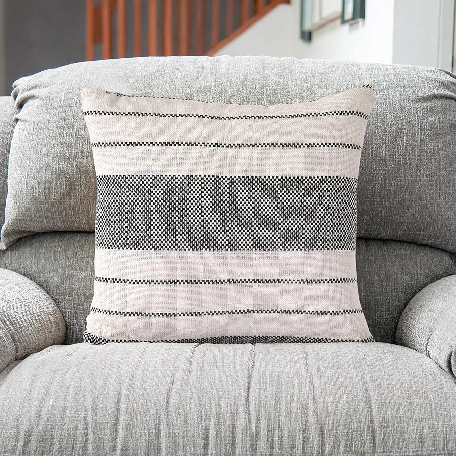 Sashaa World Exquisite Black & Natural Striped Elegance Decorative Woven Cushion Cover