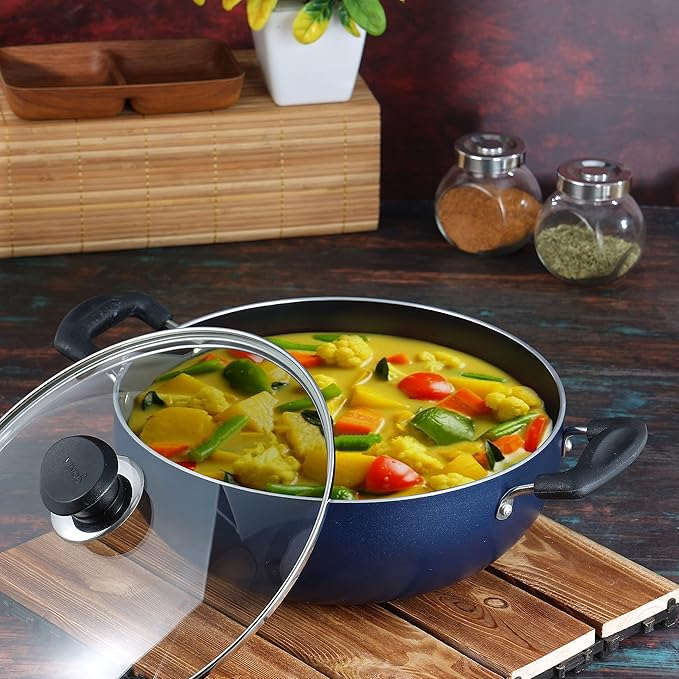 Vinod Zest Aluminium Non Stick Deep Kadhai with Glass Lid - 1.4 Litre, 18cm | 3 Layer Ceramic Coating | 3 mm Thick
