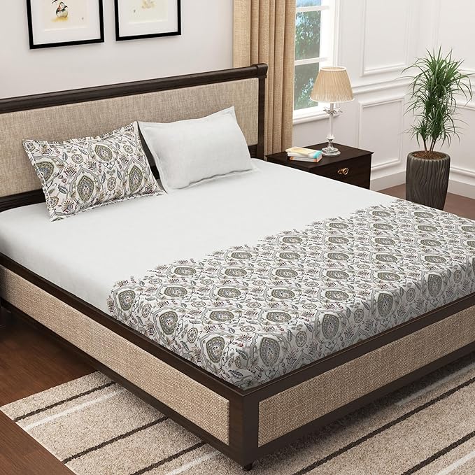 Story@Home Cotton Traditional Print King Size Bedsheet with 2 Pillow Covers Blue & Grey Colours