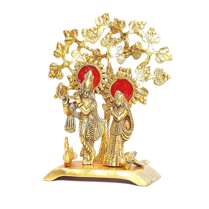 KridayKraft Radha Krishna Standing Playing Flute Under Tree idol Metal Statue Gold