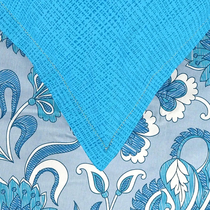 Divine Casa 144 TC Pure Cotton Single Size Bedsheet with 1 Pillow Cover Regal Paisley Colour Silver Sky Blue