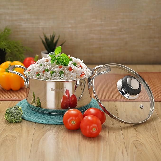 Sumeet Stainless Steel Induction Bottom Casserole with Glass Lid 2.5 Liter 18 cm Silver