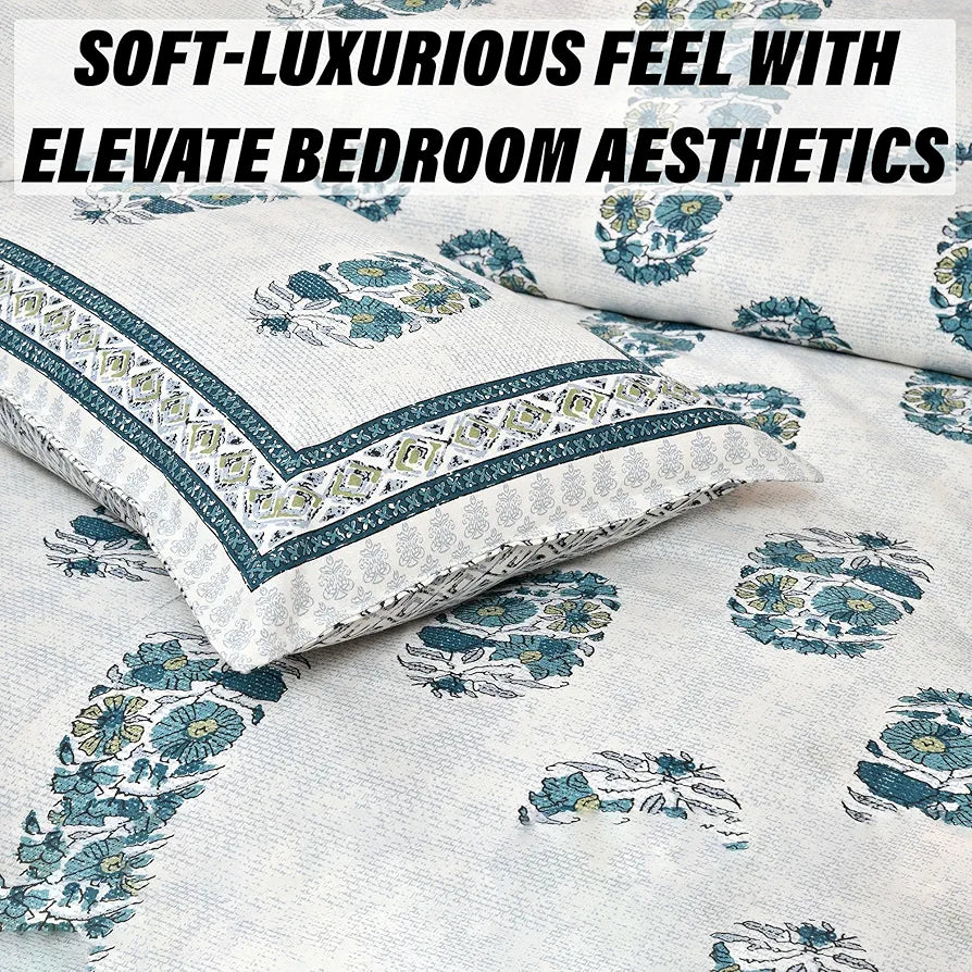 Kuber Industries Double Bedsheet with 2 Pillow Covers 160 TC Premium Cotton Dezier Flower Boota Green