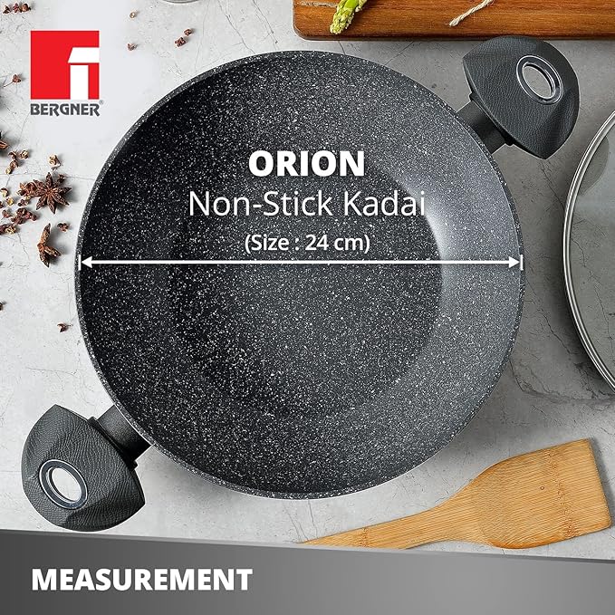 Bergner Orion Nonstick 24 Cm Shallow Kadai | Glass Lid | 2.3 Litres