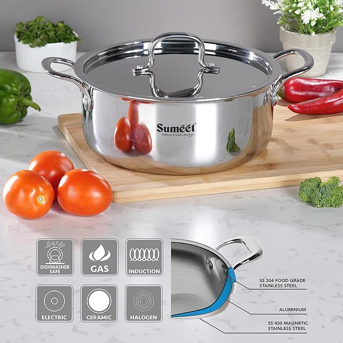 Sumeet Cook Smart TriPly Steel Aluminium Steel 3 Layers Casserole Lid- 3.75Ltr 22Cm Silver