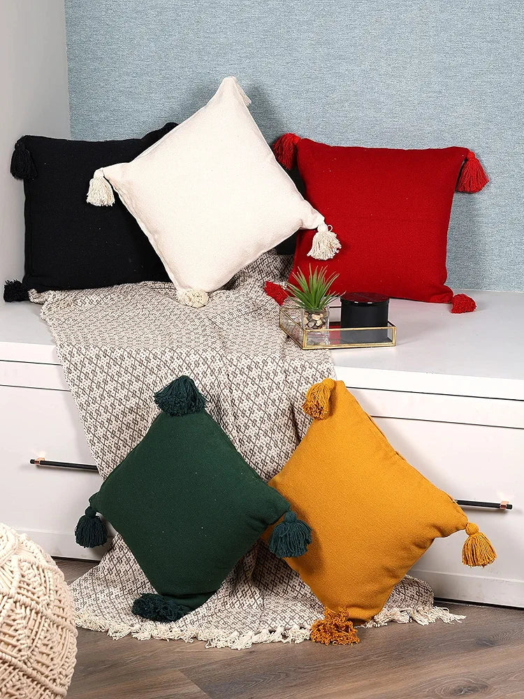 Sashaa World 100% Cotton Cushion Covers Colour Black With Tassels/decorative Throw Pillow( Set Of 2)