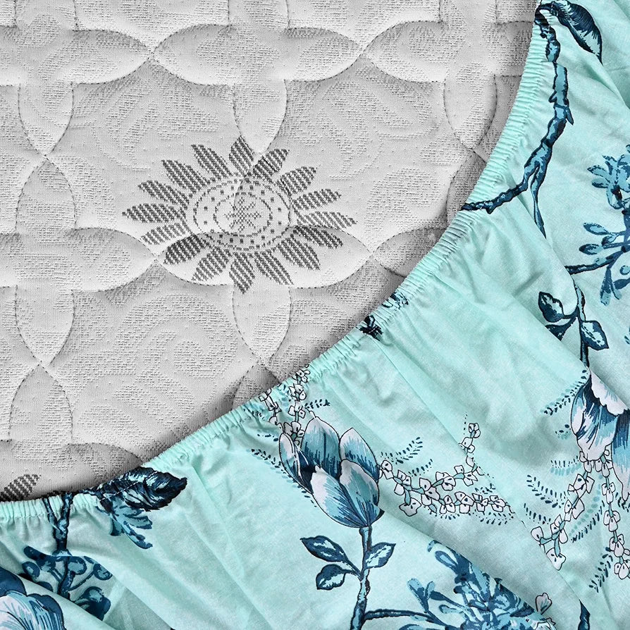 Divine Casa Floret 100% Cotton King Fitted Bedsheet 144 TC Deep Pocket Design Soft & Breathable Fabric Colour Winter Fern