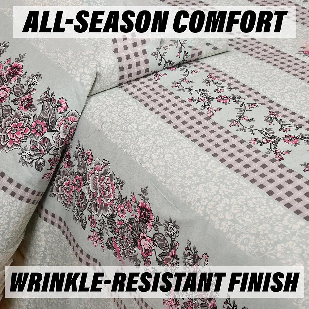 Kuber Industries Double Bedsheet with 2 Pillow Covers 160 TC Premium Cotton Spain Flower Lining Green