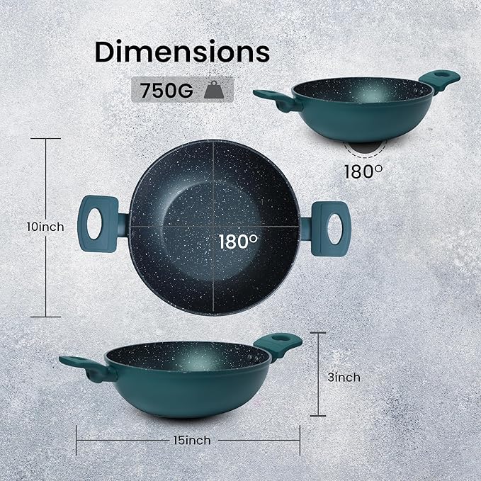 Solara 24 Cm, 2.4 Litres Non Stick Kadai, Granite Stone Kadhai With Glass Lid, Kadai With Lid for Cooking | Bezel
