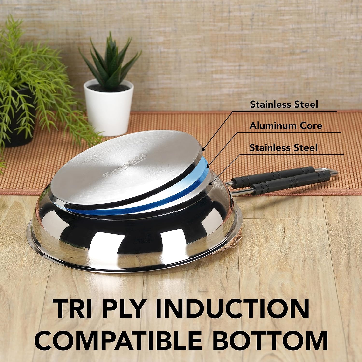 Sumeet Stainless Steel Induction Bottom Fry Pan with Glass Lid 1.7 Liter 23.5 cm Silver