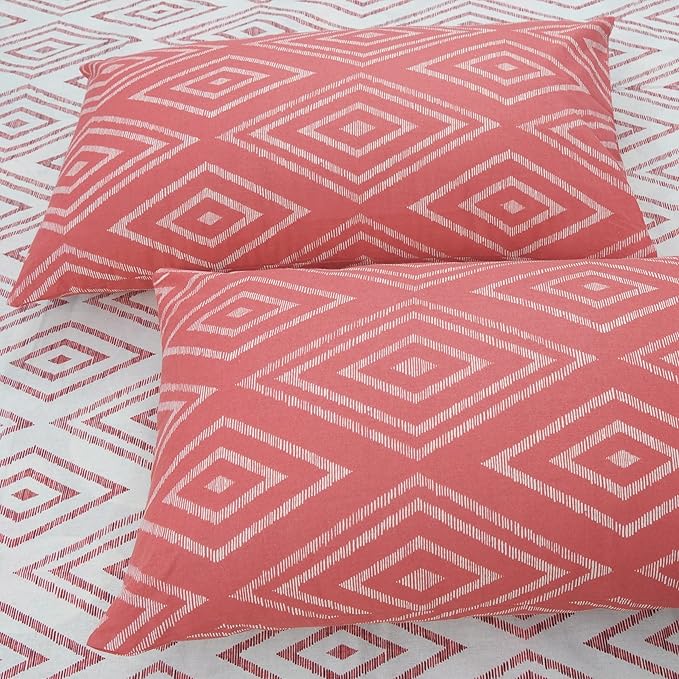 Huesland by Ahmedabad Cotton 144 TC King Size Bedsheet Cotton with 2 Pillow Covers | White & Peach Pink