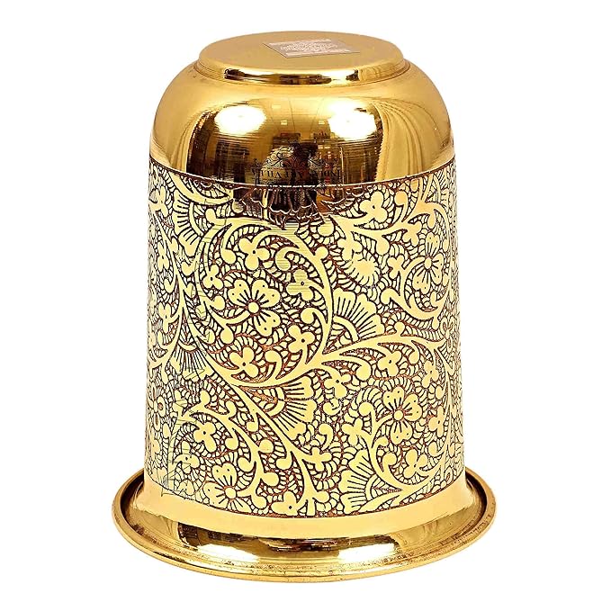 Indian Art Villa Pure Brass Glass Tumbler With Floral Vines Design - 82 gms