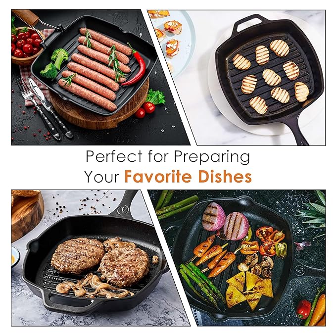 Solara Premium Pre-seasoned Cast Iron Grill Pan With Long Handle | 24 Cm | Induction Friendly | Toxin-free Tandoor Grill Pan