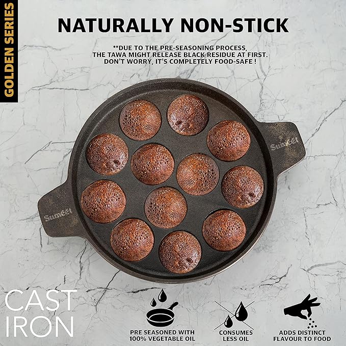 Sumeet Super Smooth Gold Series Pre Seasoned Cast Iron Appam Patra for Paniyaram | 25cm 2.560 kg 12 Pit.